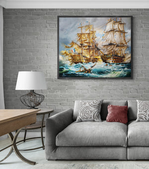 Battle-of-Trafalgar-Historical-Painting-War Naval Sea Battle-Giclee-Print-Large-Canvas-HMS Victory-Naval History-Singed by artist-Lord Nelson-oil-painting-ship-seascape-artwork