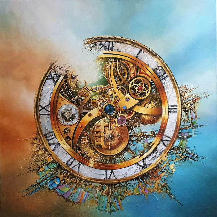 MYSTERY OF TIME original painting with golden frame | abstract wall art | surreal clock image