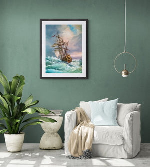 Seascape painting, Heavy weight paper, Fine Art Prints of original ship painting,  Wall decor, sailing ship in the storm