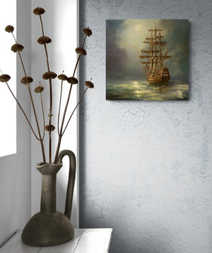 SHIP AT NIGHT, Giclée Canvas Premium Print, Seilskipskunst, Seascape Canvas Art, Tall Ship and Moon, Seascape Home Decor, seilbåt