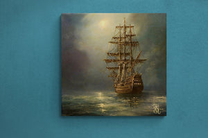 SHIP AT NIGHT, Giclée Canvas Premium Print, Seilskipskunst, Seascape Canvas Art, Tall Ship and Moon, Seascape Home Decor, seilbåt