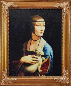 Lady with an Ermine, Leonardo da Vinci Masterpiece, canvas with texture and brush strokes looks like original oilpainting, with golden frame