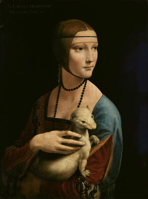 Lady with an Ermine, Leonardo da Vinci Masterpiece, canvas with texture and brush strokes looks like original oilpainting, with golden frame