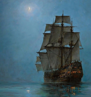 Sailing Under the Silvery Glow | "The Crescent Moon" by Montague Dawson | Heavyweight paper / real art canvas