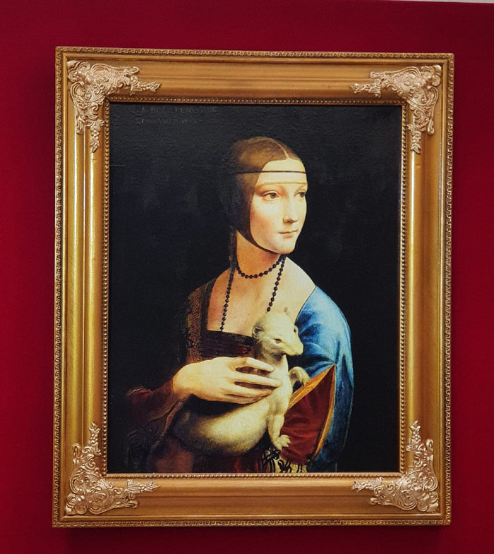 Lady with an Ermine, Leonardo da Vinci Masterpiece, canvas with texture and brush strokes looks like original oilpainting, with golden frame