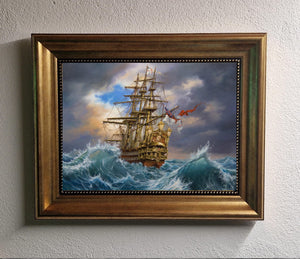 Ship oil painting print reproduction on canvas in Antiqued Gold Frame