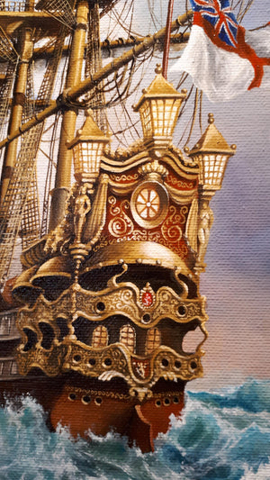 Ship oil painting print reproduction on canvas in Antiqued Gold Frame