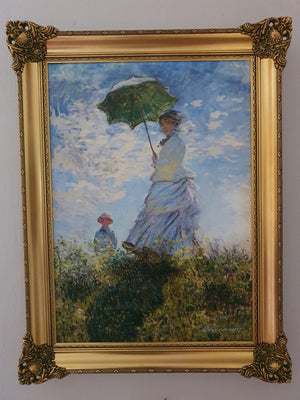 CLaude Monet: Woman with a Parasol Giclée canvas with texture and brush strokes looks like original oil painting, with vintage golden frame