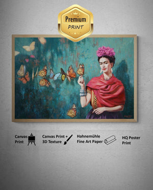 Frida Kahlo with Butterflies” - Premium Reproduction Art Print on Canvas & Art Papers or 3D texture Print