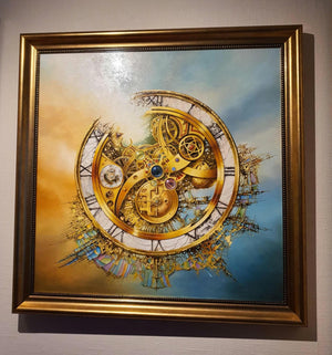 MYSTERY OF TIME original painting with golden frame | abstract wall art | surreal clock image