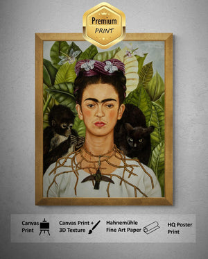 Frida Kahlo - Self-Portrait with Necklace of Thorns (1940) | Fine Art Print | Art Paper, Canvas & 3D Hand Finished Premium Texture Print