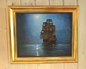 The Crescent Moon Painting by Montague Dawson, Giclée canvas 3D hand finished premium print with brush strokes and golden vintageous frame.