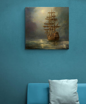 Mystic Voyage: Tallship at Night, Original ship painting, oil on canvas Seascape Decoration, sailing ship       artgift, customer commission