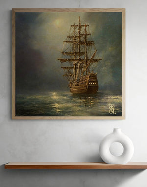 Mystic Voyage: Tallship at Night, Original ship painting, oil on canvas Seascape Decoration, sailing ship       artgift, customer commission