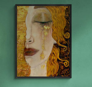 Golden Tears Art Print, Gustav Klimt Wall Art, Freya's Tears Canvas, Women Wall Decore, 3D hand finish print on canvas with brush strokes