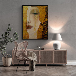 Golden Tears Art Print, Gustav Klimt Wall Art, Freya's Tears Canvas, Women Wall Decore, 3D hand finish print on canvas with brush strokes