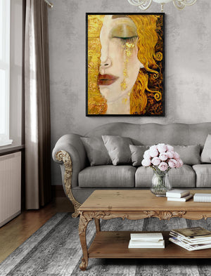 Golden Tears Art Print, Gustav Klimt Wall Art, Freya's Tears Canvas, Women Wall Decore, 3D hand finish print on canvas with brush strokes