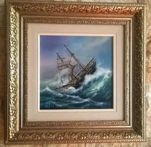 SHIP at ROUGH SEA: original oil on canvas tall ship painting, seascape wall art, sailing ship decor, ship stormy landscape, commission art