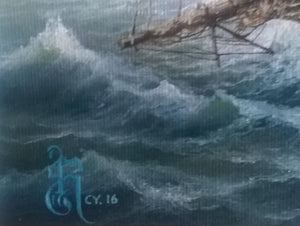 SHIP at ROUGH SEA: original oil on canvas tall ship painting, seascape wall art, sailing ship decor, ship stormy landscape, commission art