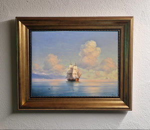 Ship off the coast Painting by Ivan Aivazovsky, Giclée canvas 3D hand finished premium print with brush strokes and golden vintageous frame.