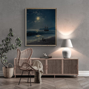 Sailing ship on calm sea by moonlight print of, Tall Ship painting Art Print/ Canvas Prints, Poster or 3D Hand Finished Premium Print