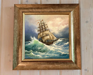 Tall ship decoration: canvas reproduction of original oilpainting, Canvas & 3D Hand Finished Premium Texture Print with wooden golden frame