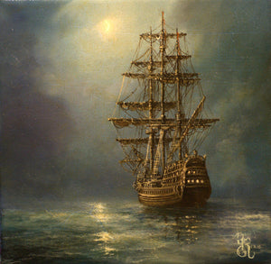 Mystic Voyage: Tallship at Night, Original ship painting, oil on canvas Seascape Decoration, sailing ship       artgift, customer commission