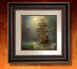 Mystic Voyage: Tallship at Night, Original ship painting, oil on canvas Seascape Decoration, sailing ship       artgift, customer commission