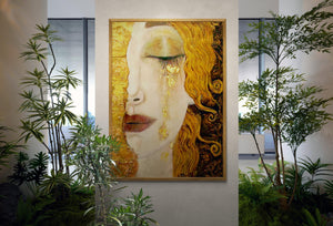 Golden Tears Art Print, Gustav Klimt Wall Art, Freya's Tears Canvas, Women Wall Decore, 3D hand finish print on canvas with brush strokes