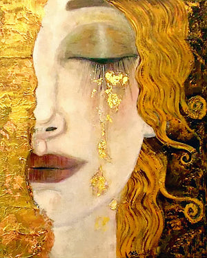 Golden Tears Art Print, Gustav Klimt Wall Art, Freya's Tears Canvas, Women Wall Decore, 3D hand finish print on canvas with brush strokes