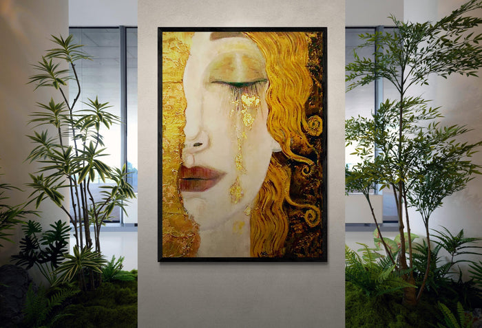 Golden Tears Art Print, Gustav Klimt Wall Art, Freya's Tears Canvas, Women Wall Decore, 3D hand finish print on canvas with brush strokes