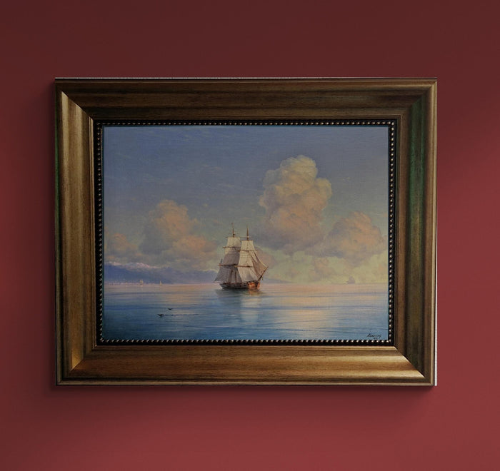 Ship off the coast Painting by Ivan Aivazovsky, Giclée canvas 3D hand finished premium print with brush strokes and golden vintageous frame.