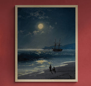 Sailing ship on calm sea by moonlight print of, Tall Ship painting Art Print/ Canvas Prints, Poster or 3D Hand Finished Premium Print