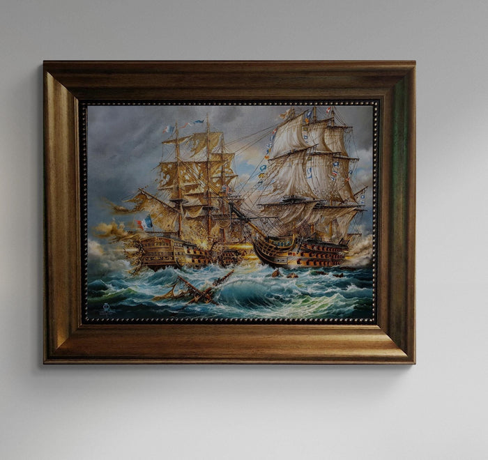 BATTLE of TRAFALGAR, HMS Victory: Giclée canvas hand finished premium print with brush strokes looks like original oil painting with frame.