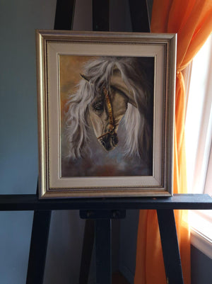 Original oil painting framed "WHITE HORSE" Foshe ART